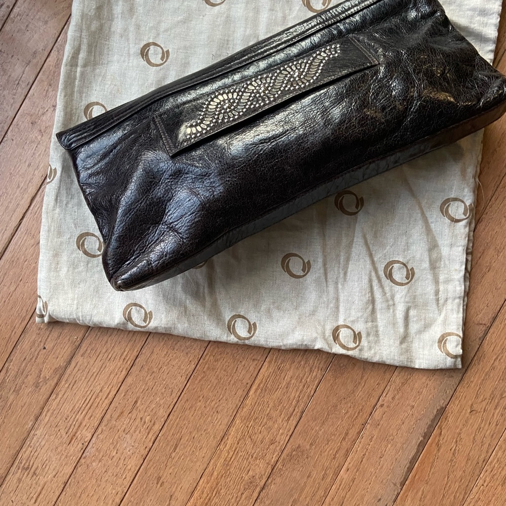 Black Leather Clutch with Lace Detail
